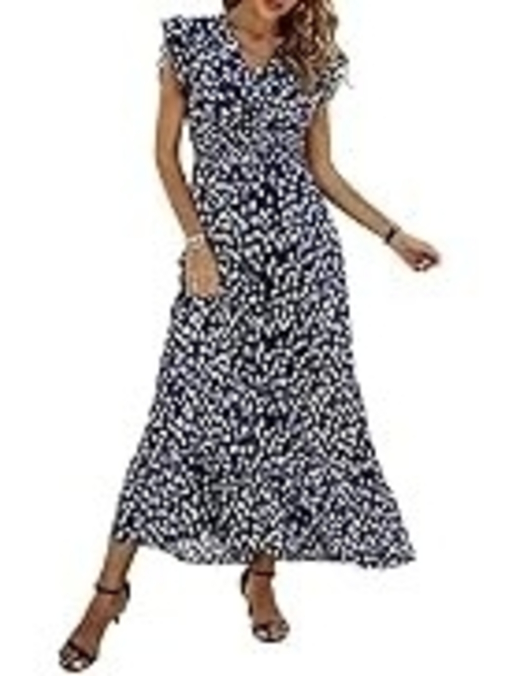 Tier Blue and white abstract print maxi dress V-neckline, smocked Waist #0361